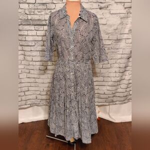 Dizzy Lizzie Navy Ikat print Fit and Flare midi Dress Box Pleats Shirt Dress M